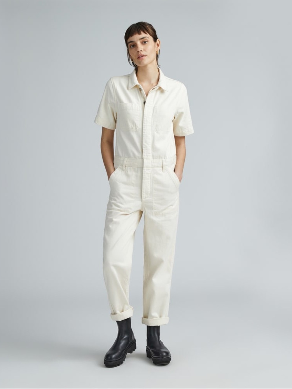 Everlane Cream Short-Sleeve Utility Jumpsuit